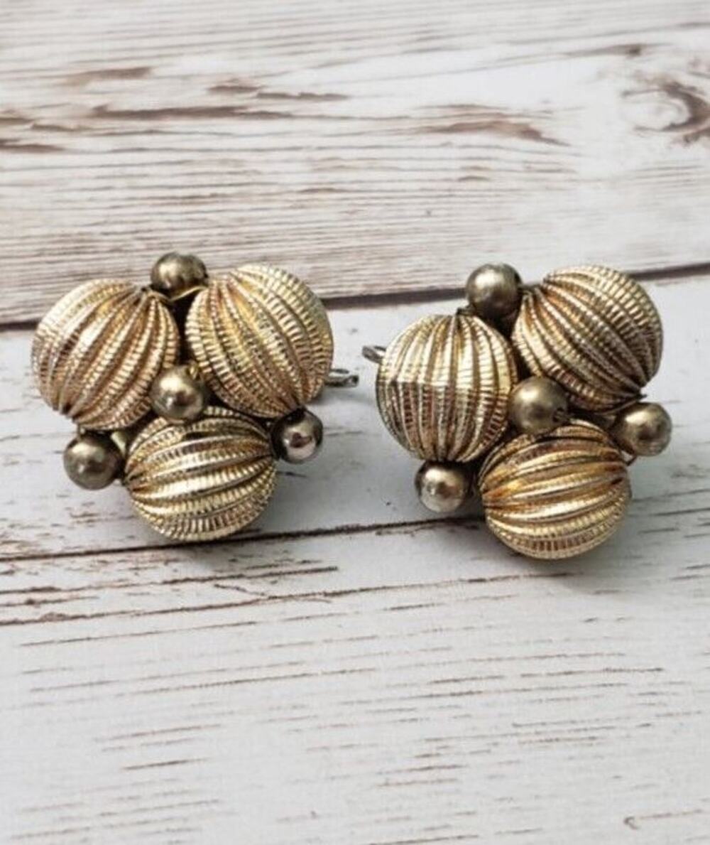 Vintage Clip On Earrings - Gold Tone Ball Cluster 0.75" - Stamped Japan